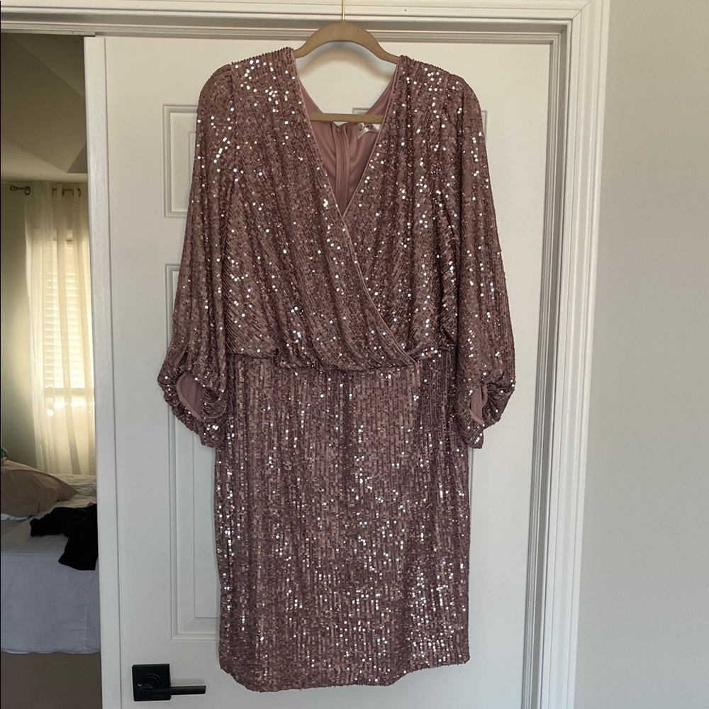Eliza J 18W Sequin Sheath Dress Sleeve Mauve EUC